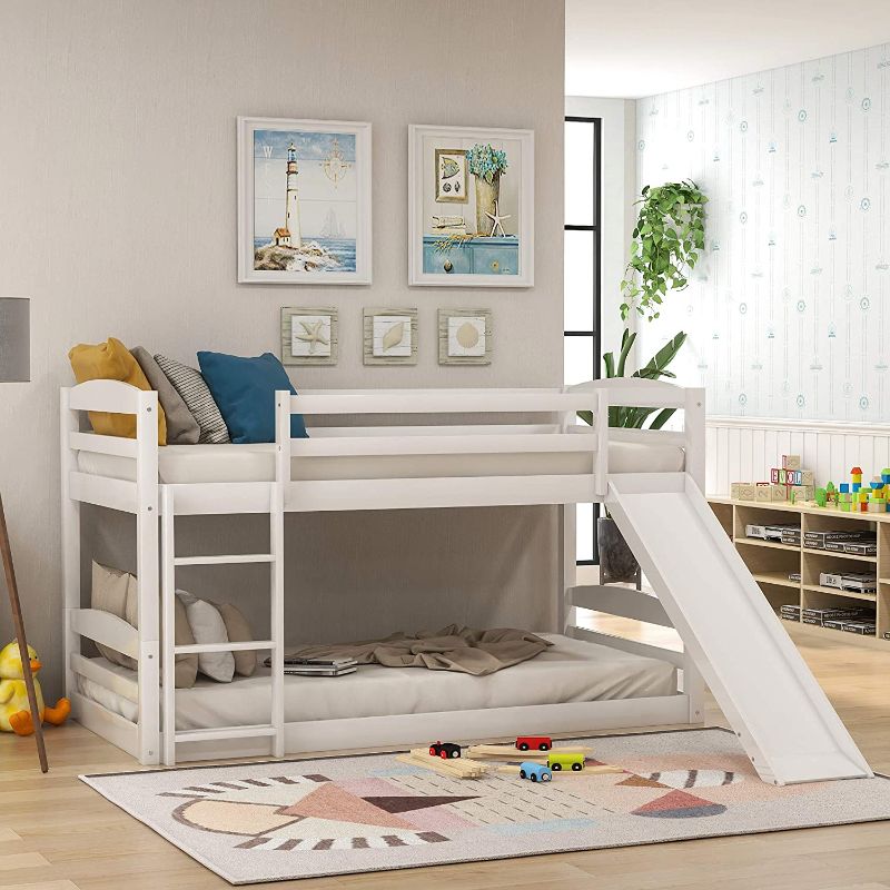 Photo 1 of 
BOX 1/2- 
?81.7 x 83 x 46.7"- UNIROI Twin-Over-Twin Bunk Bed with Slide Ladder & Guardrail, Low Bedframe Space-Saving Home Bedroom Dorm Funiture for Kids Teens, No Box Spring Needed, White
