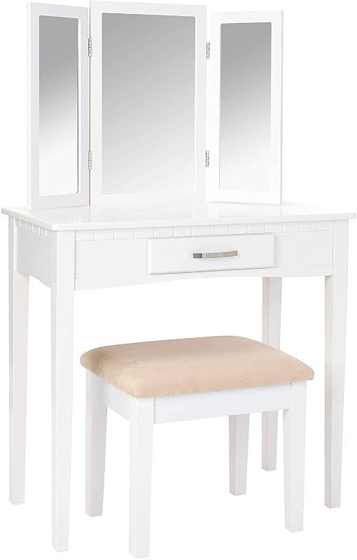 Photo 1 of **DRAWER IS DAMAGED, MISSING HARDWARE**
Frenchi Furniture Home Furnishing 2 Piece Home Furnishing Set Vanity with Stool, White
