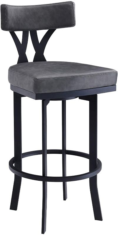 Photo 1 of **MISSING HARDWARE**
Armen Living Natalie 30" Bar Height Vintage Grey Faux Leather Upholstery and Black Metal Bar Stool
