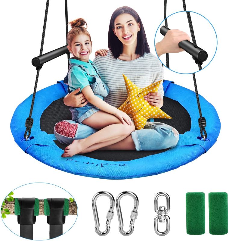 Photo 1 of **MISSING HARDWARE**
 Saucer Tree Swing, 40" Ripstop Textilene Seat, 2 Foam Handles, 2 Pcs Tree Straps, Steel Frame, 2 Carabiner, Swivel, Adjustable Ropes for Kids Adults Outdoor
