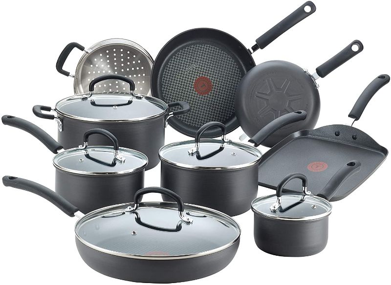 Photo 1 of **INCOMPETE** T-fal E765SEFA Ultimate Hard Anodized Nonstick 14 Piece Cookware Set, Dishwasher Safe Pots and Pans Set, Black
