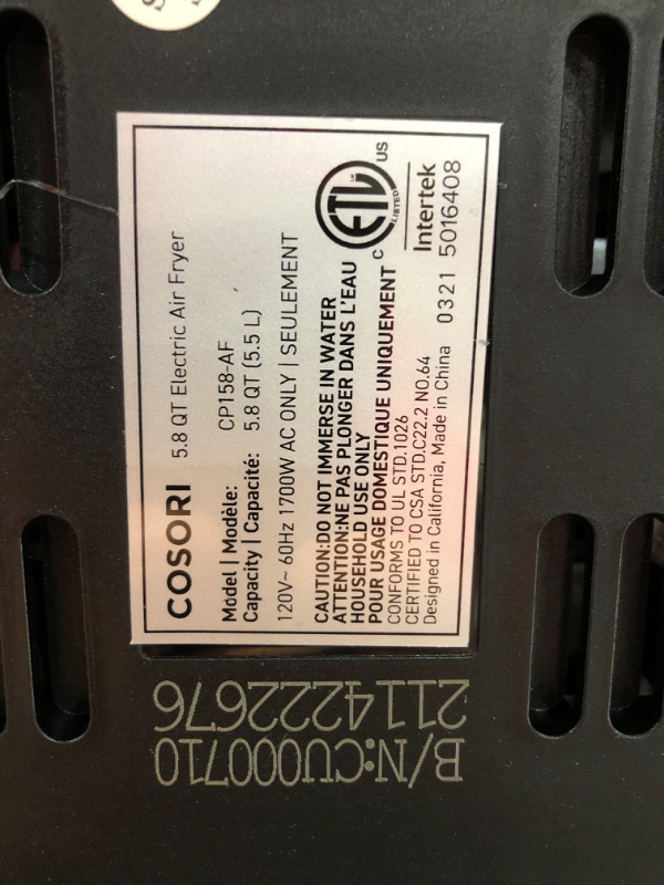 Photo 5 of (CRACKED SIDE)
Cosori Air Fryer,Max XL 5.8 Quart,1700-Watt Electric Hot Air Fryers Oven