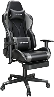 Photo 1 of (STOCK PHOTO INACCURATELY REFLECTS ACTUAL PRODUCT)
(PARTS ONLY SALE: missing manual)
(TORN/DAMAGED MATERIAL)
black gaming chair with grey vertical stripes