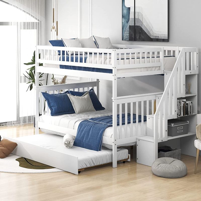 Photo 1 of **ITEM IS INCOMPLETE** BOX 1 OF 3 ONLY** BOX 2 OF 3 AND BOX 3 OF 3 MISSING**
Stackable Full Over Full Bunk Bed with Twin Trundle and Stairway, Wood Full Over Storage Trundle Bunk Bed Frame for Kids, Separate to 2 Full Beds, White
