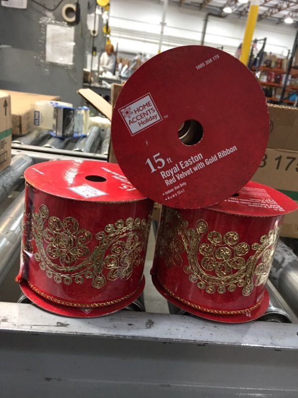 Photo 2 of **THREE ROLLS PER BOX**
15 FT. ROYAL EASTON RED VELVET WITH GOLD RIBBON 4"W X 15' L