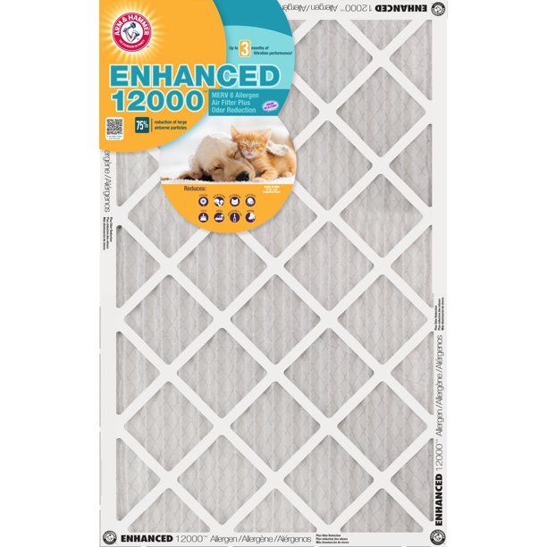 Photo 1 of (12 PACK)
16x25x1 (15.75 x 24.75) ARM & HAMMER™ Enhanced Allergen 12000™ MERV 8 Air Filters
