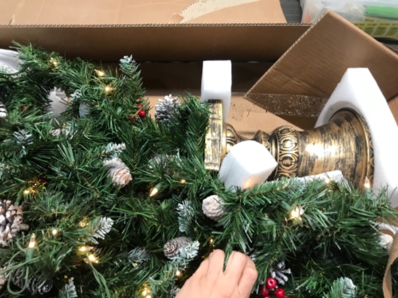 Photo 2 of **MINOR DAMAGE TO VASE**
National Tree Company Pre-lit Holiday Christmas 5-Piece Set | Wreath, Set of 2 Entrance Trees and Garlands with White Lights
