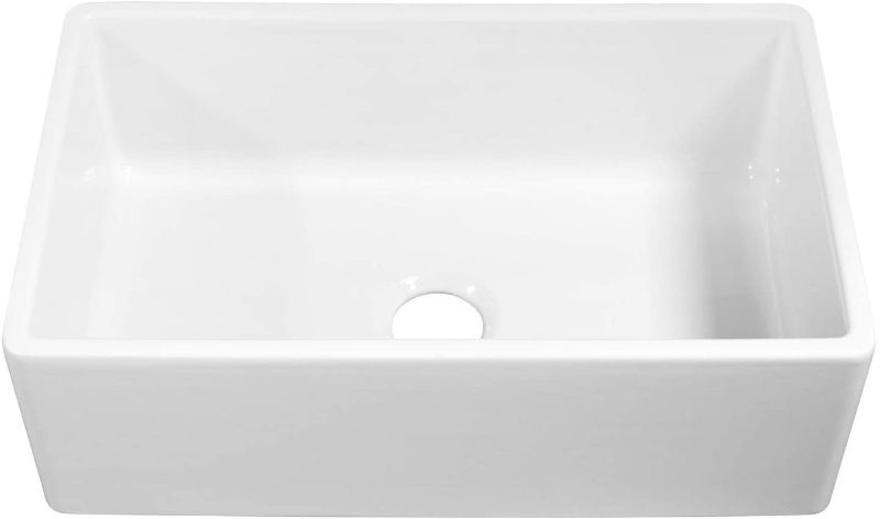 Photo 1 of **sink has vertical crack from top to base of sinki**
Sinkology  Farmhouse/Apron-Front 35.5" W inx 18"Lx 8.5" D. Single Bowl Strainer Drain Fireclay Kitchen Sink Kit,  Crisp White

