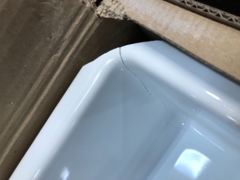 Photo 4 of **sink has vertical crack from top to base of sinki**
Sinkology  Farmhouse/Apron-Front 35.5" W inx 18"Lx 8.5" D. Single Bowl Strainer Drain Fireclay Kitchen Sink Kit,  Crisp White
