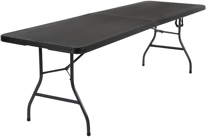 Photo 1 of **DAMAGE TO TABLE TOP,REFER TO PHOTO**
COSCO Deluxe 8 foot x 30 inch Fold-in-Half Blow Molded Folding Table, Black
