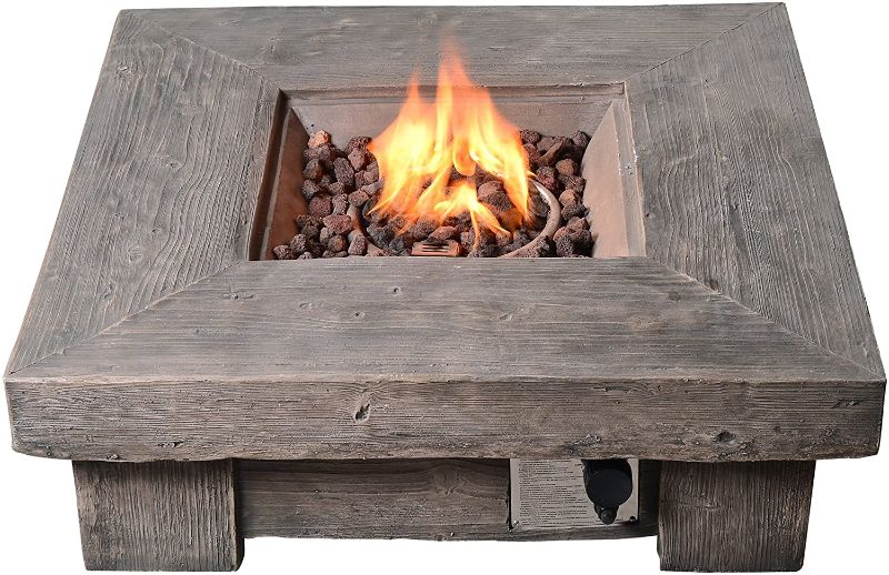 Photo 1 of **TABLE HAS CRACKS, REFER TO PHOTO**
Peaktop HF11501AA Propane Gas Wood Look Square 40,000 BTU Fire Pit Table for Outdoor Patio Garden Backyard Decking with PVC Cover, Lava Rock, 35" x 35", Gray
