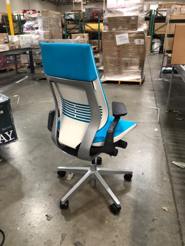 Photo 4 of **SEAT HAS 4 SMALL BURN MARKS, REFER TO PHOTO**
Steelcase Gesture Office Chair - Cogent: Connect Blue Jay Fabric, Low Seat Height, Shell Back, Light on Light Frame, Polished Aluminum Base
