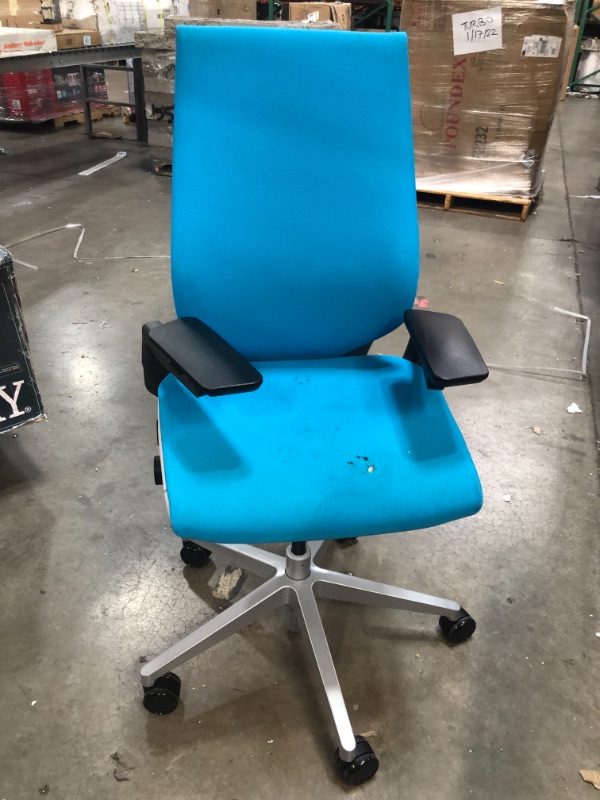 Photo 3 of **SEAT HAS 4 SMALL BURN MARKS, REFER TO PHOTO**
Steelcase Gesture Office Chair - Cogent: Connect Blue Jay Fabric, Low Seat Height, Shell Back, Light on Light Frame, Polished Aluminum Base
