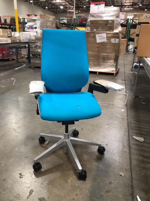 Photo 6 of **SEAT HAS 4 SMALL BURN MARKS, REFER TO PHOTO**
Steelcase Gesture Office Chair - Cogent: Connect Blue Jay Fabric, Low Seat Height, Shell Back, Light on Light Frame, Polished Aluminum Base
