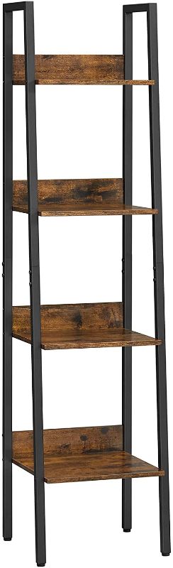 Photo 1 of **HARDWARE INCOMPLETE**
VASAGLE Bookshelf, Ladder Shelf 4-Tier, Freestanding Storage Shelves, for Home Office Living Room Bedroom Kitchen, Steel Frame, Simple Assembly, Industrial, Rustic Brown and Black ULLS108B01
