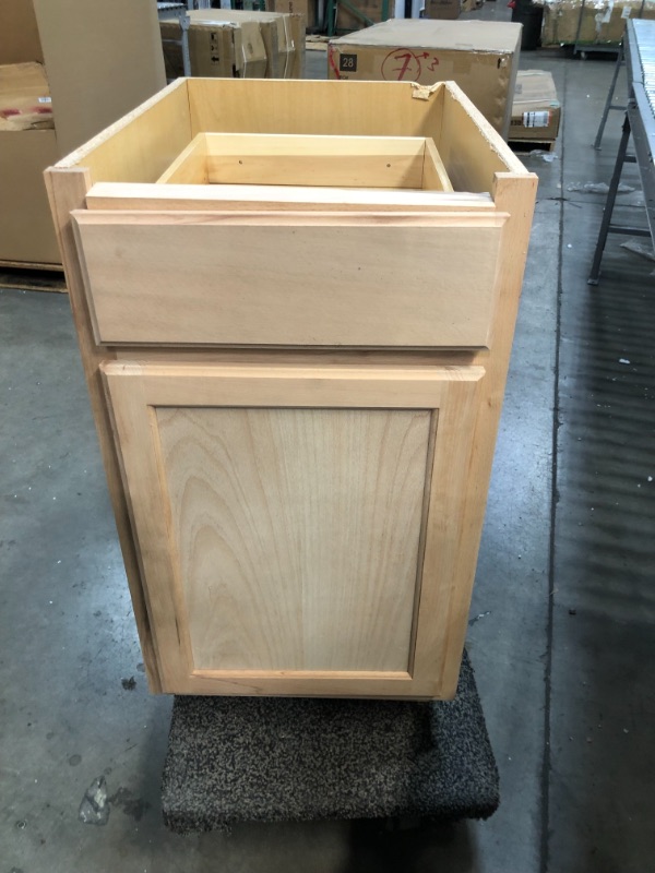 Photo 1 of *Damage shown in picture*
Hampton Bay Hampton Unfinished Beech Recessed Panel Stock Assembled Base Kitchen Cabinet (18 in. X 34.5 in. X 24 in.)
