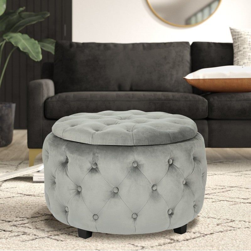 Photo 1 of Adeco Round Velvet Storage Ottoman, Button Tufted Footrest Stool
