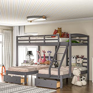 Photo 1 of **box 1 only** Merax Wood Triple Drawers and Guardrails, Full Over Twin & Twin Bunk Bed for Kids, Teens, Adults, Space Saving, Gray
