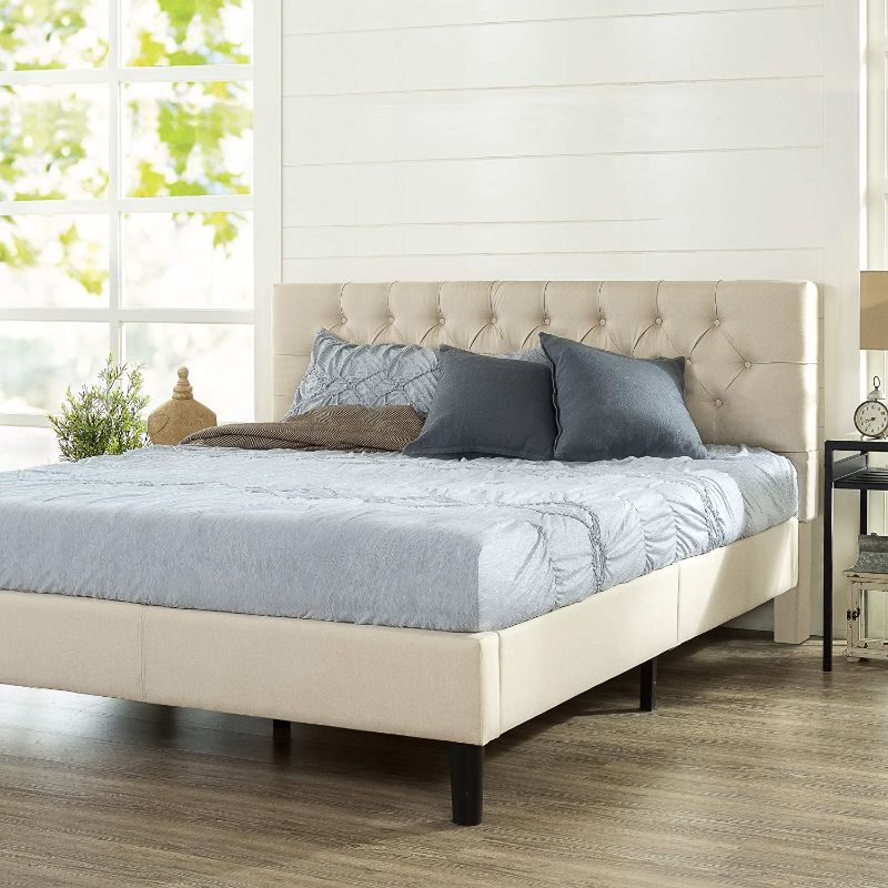 Photo 1 of (Used) ZINUS Misty Upholstered Platform Bed Frame / Mattress Foundation / Wood Slat Support / No Box Spring Needed / Easy Assembly, Taupe, King

