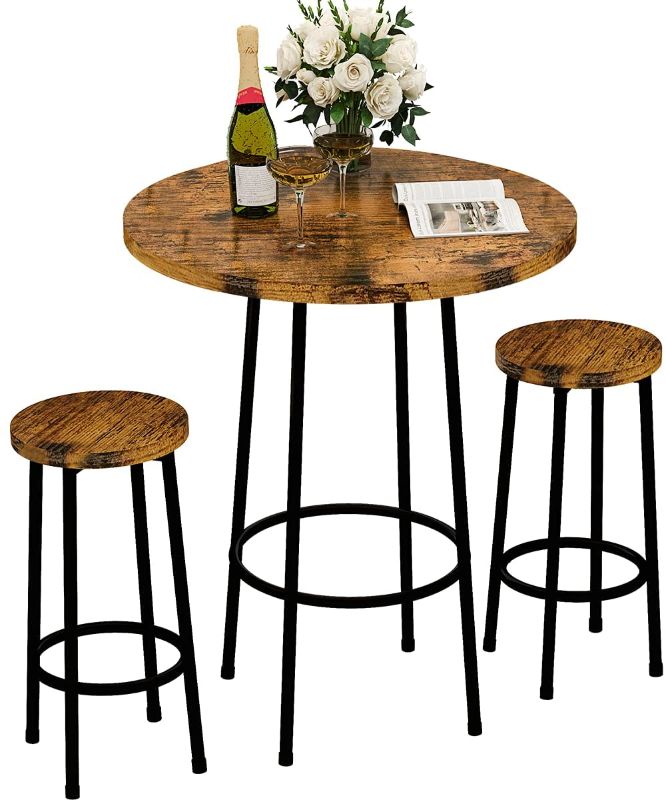 Photo 1 of ***PARTS ONLY*** Recaceik 3 Piece Pub Dining Set, Modern Round bar Table and Stools for 2 Kitchen Counter Height Wood Top Bistro Easy Assemble for Breakfast Nook Living Room Small Space Restaurant, Rustic Brown 23
