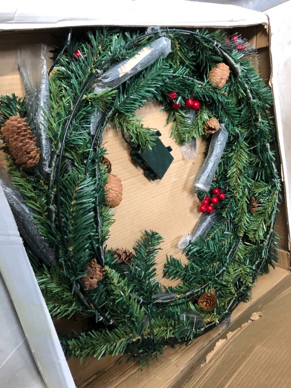 Photo 2 of 24” Artificial Christmas Wreath Prelit with 15” Hanger, Xmas Wreath with 50 LED Lights, Red Berries, Pine Cones & Glitter Pine Needles for Front Door Wall Christmas Decorations (Battery Operated)
