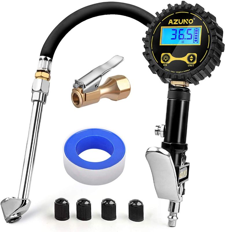 Photo 1 of (MISSING ONE CAP) 
AZUNO Digital Tire Inflator with Pressure Gauge, 200 PSI, Heavy Duty Air Compressor Accessories, w/Rubber Hose Lock on Air Chuck and Quick Connect Coupler
