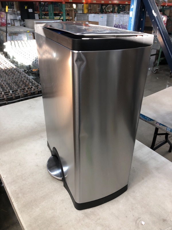 Photo 2 of (MULTIPLE DENTS TO SHELL AND LID; LID DOES NOT FULLY SHUT) 
simplehuman 46l dual compartment stainless steel rectangular step trash can