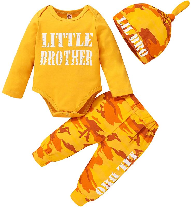 Photo 1 of orange camouflage "LIL BRO" baby outfit, size 0-6 months
***comes with a gray "space" t shirt for a little boy, size 4-5!***