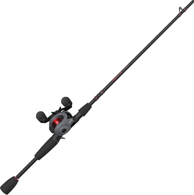 Photo 1 of Quantum Invade Baitcast Reel and Fishing Rod Combo, 6'6" IM6 Graphite 1-Piece Rod with Comfortable Split-Grip EVA Handle, 5 Bearings (4 + Continuous Anti-Reverse Clutch), Gray/Red
