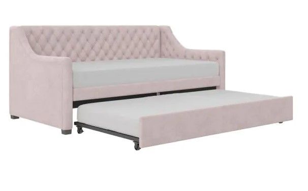 Photo 1 of **Box 1 of 2** Monarch Hill Ambrosia Pink Velvet Upholstered Twin Daybed and Trundle
