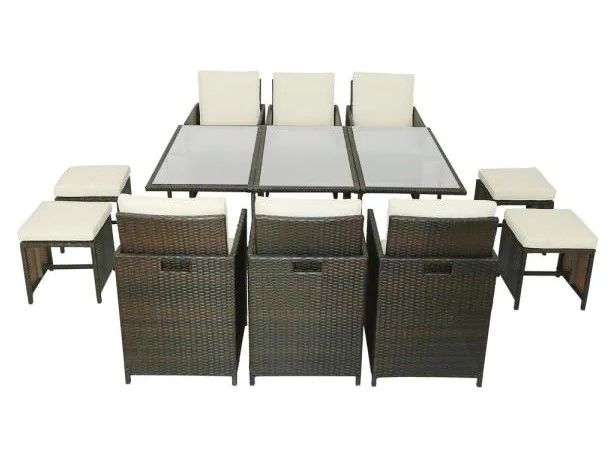 Photo 1 of **BOX 1 OF 3** Brown 11-Piece Wicker Outdoor Dining Set with Beige Cushions
