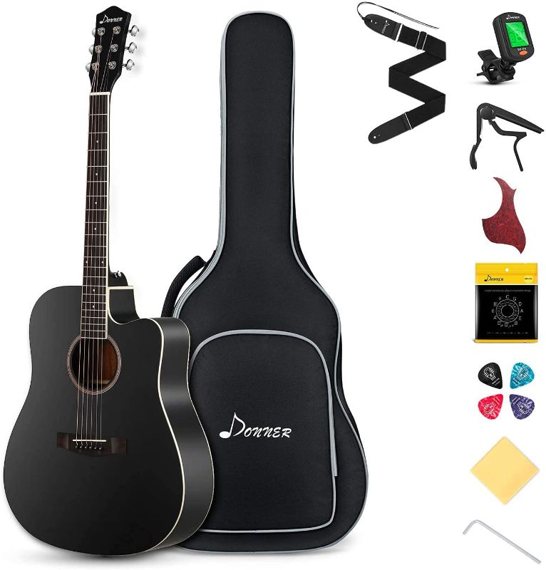 Photo 1 of ***PARTS ONLY*** Donner Black Acoustic Guitar Kit for Beginner Adult Full Size Cutaway Acustica Guitarra Starter Bundle Set with Gig Bag Strap Tuner Capo Pickguard String 4 Picks, Right Hand 41”, DAG-1CB  **Damaged, not functional***
