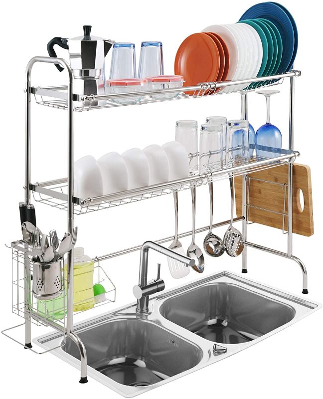 Photo 1 of 2 Tier Over The Sink Dish Drying Rack, Large Kitchen Counter Utensil Drainer w/ Non-Slip Rubber Feet, Stainless Steel Kitchen Countertop Shelf Organizer Stores Utensils, Cutting Board, Plates, Pots
