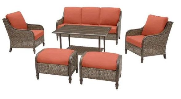 Photo 1 of ***INCOMPLETE*** ***MISSING BOX 3***
Windsor 6-Piece Brown Wicker Outdoor Patio Conversation Seating Set with CushionGuard Quarry Red Cushions
