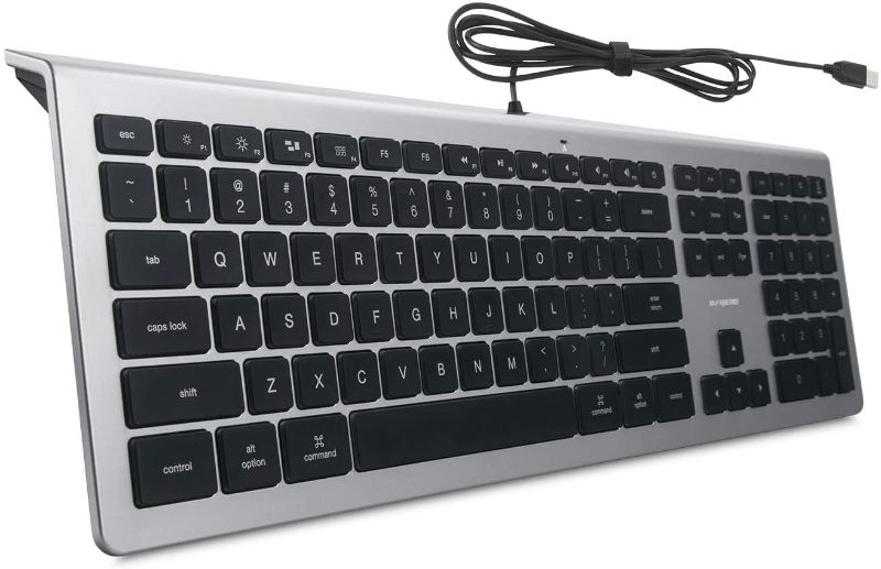 Photo 1 of BFRIENDit Wired USB Mac Keyboard, Quiet LED Backlit Chocolate Keys, Durable Ultra-Slim Wired Computer Keyboard for PC, Windows 10/8 / 7 / Vista, Mac OS - Silver/Black
