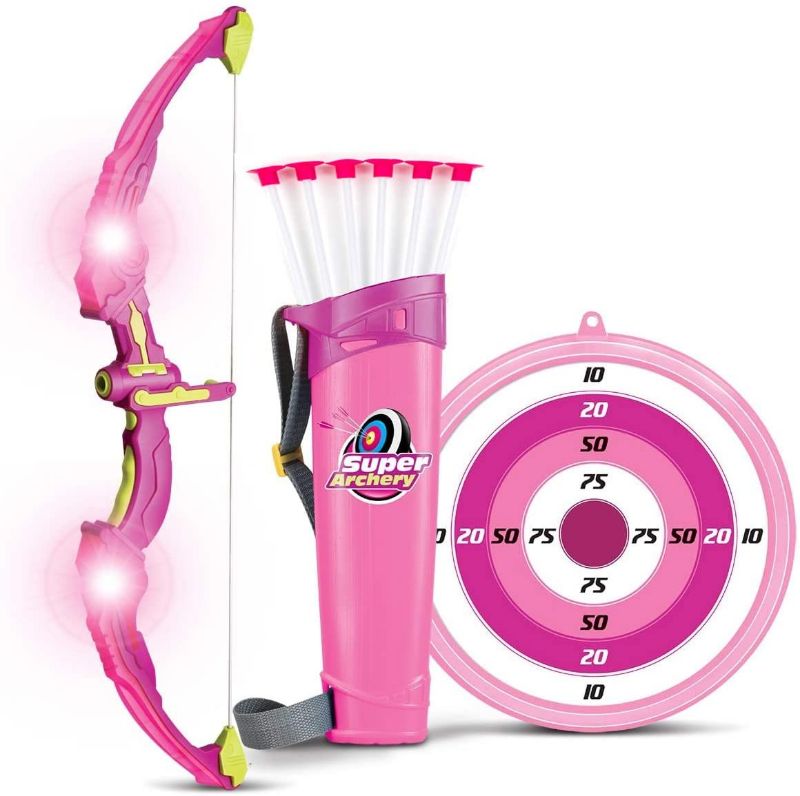 Photo 1 of Liberty Imports Light Up Archery Bow and Arrow Toy Set for Girls with 6 Suction Cup Arrows, Target, and Quiver
