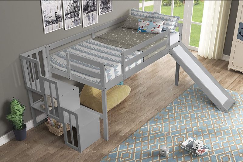 Photo 1 of **incomplete** box 1 of 2 only //// Twin Size Wood Loft Bunk Bed Frame Bedroom Guest Room Furniture with Slide, Stairs ,Safety Rail and Storage Shelves for Kids Teens Girls Boys, No Box Spring Needed, Gray
