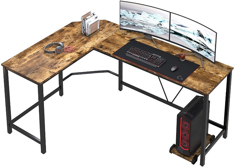 Photo 1 of 45MinST Gaming Desk,66 inch Wood and Steel L-Shaped Computer Desk with CPU Stand, Writing Study Table, Workstation for Home Office, Large Space Corner Desk, Easy to Assemble, Rustic Brown
