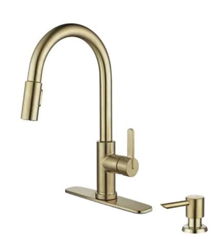 Photo 1 of 
Glacier Bay
Paulina Single-Handle Pull-Down Sprayer Kitchen Faucet with TurboSpray & FastMount Includes Soap Dispenser in Matte Gold