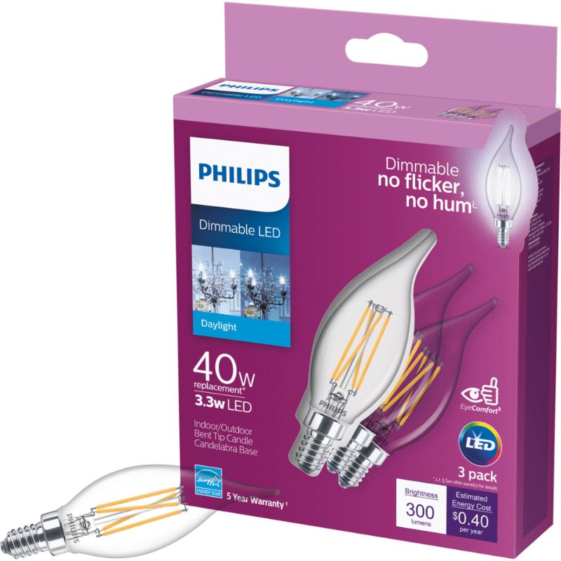 Photo 1 of 10-PACK**
Philips 40-Watt Equivalent B11 Dimmable Edison LED Candle Light Bulb Glass Bent Tip Candelabra Base Daylight (5000K) (3-Pack)
