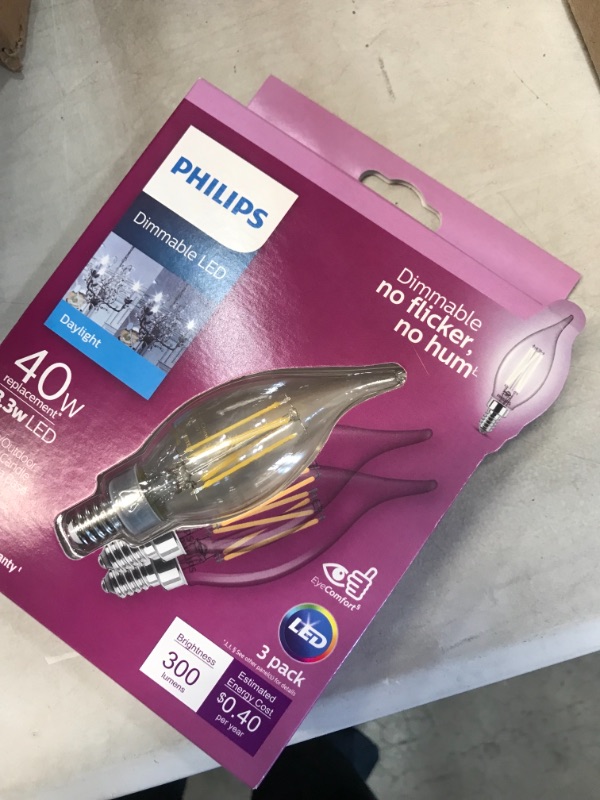 Photo 3 of 10-PACK**
Philips 40-Watt Equivalent B11 Dimmable Edison LED Candle Light Bulb Glass Bent Tip Candelabra Base Daylight (5000K) (3-Pack)
