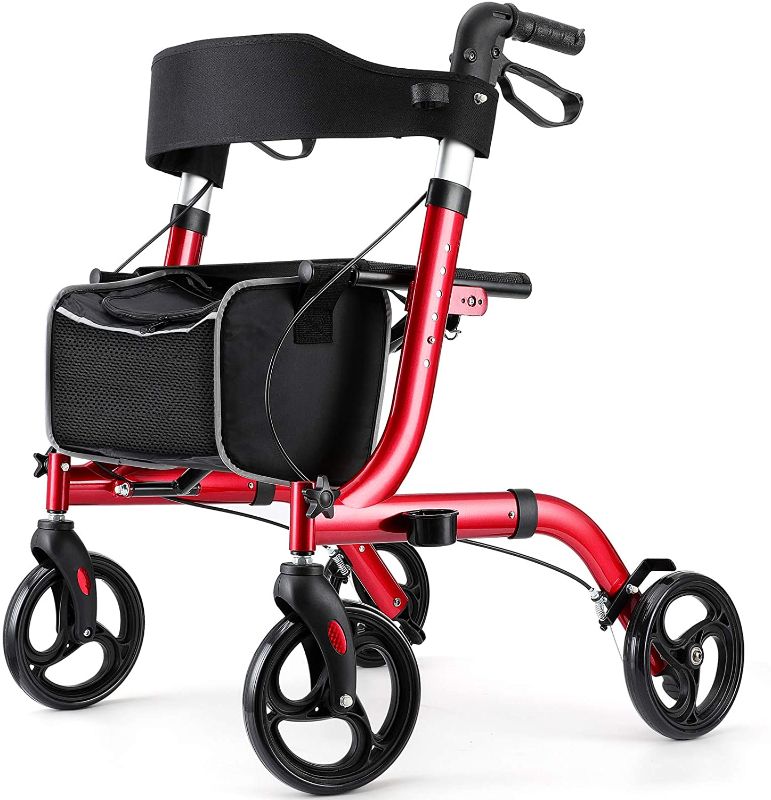 Photo 1 of  Walkers for Seniors- Rollator Walker with Seat 8" Wheels- Easy Folding Senior Walker with Padded Backrest- Lightweight Mobility Walking Aid for Adult Elderly, Aluminum Frame, Red
