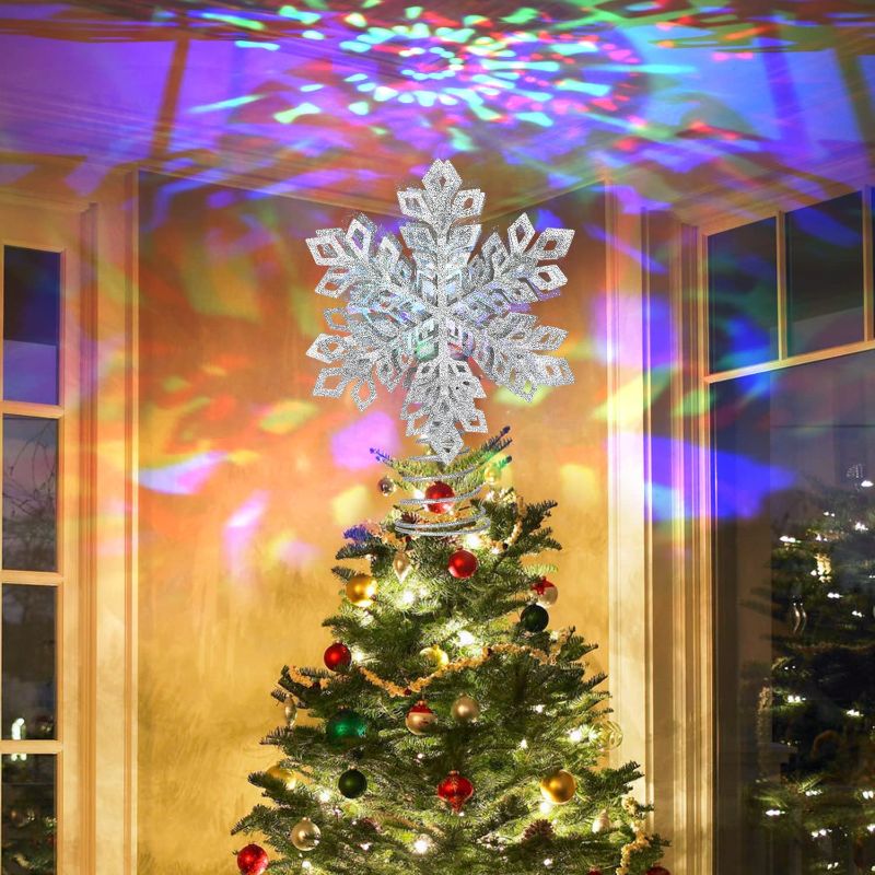 Photo 1 of  3D Snowflake Christmas Tree Topper Lighted Tree Toppers with LED Rotating Projector Lights, GOLD Snowflake Tree Topper for Christmas Tree Decorations
