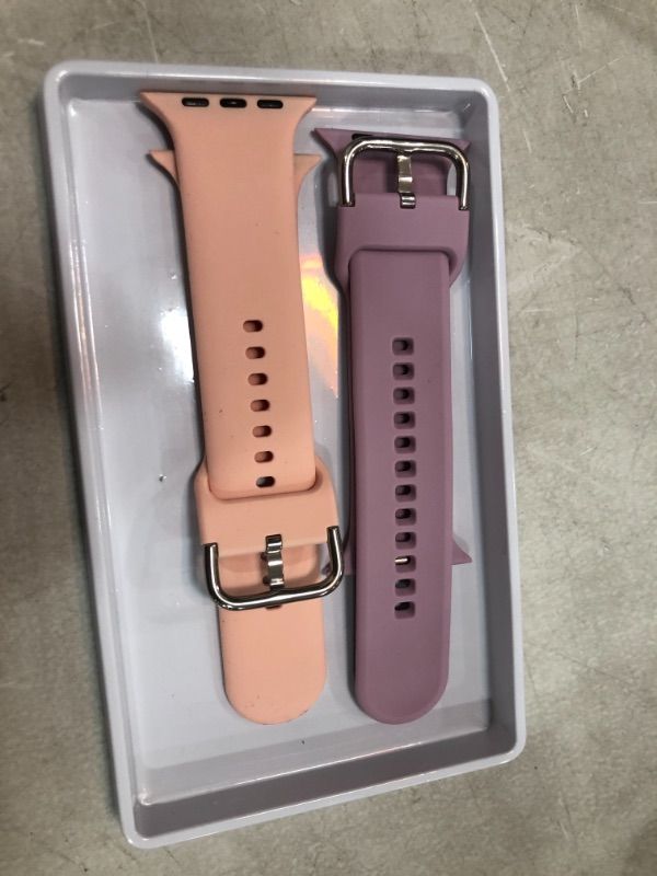 Photo 2 of 2-PACK Adepoy Compatible with Apple Watch Bands 41mm 40mm 38mm, Soft Silicone Sport Wristbands Replacement Strap with Classic Clasp for iWatch Series SE 7 6 5 4 3 2 1 for Women Men, SAND PINK & TARO PURPLE 38/40/41mm
