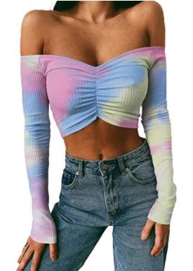 Photo 1 of X-SMALL : Cuihur Women's Sexy Off Shoulder Long Sleeve Crop Tops Stretchy Tube Top Summer Blouse
