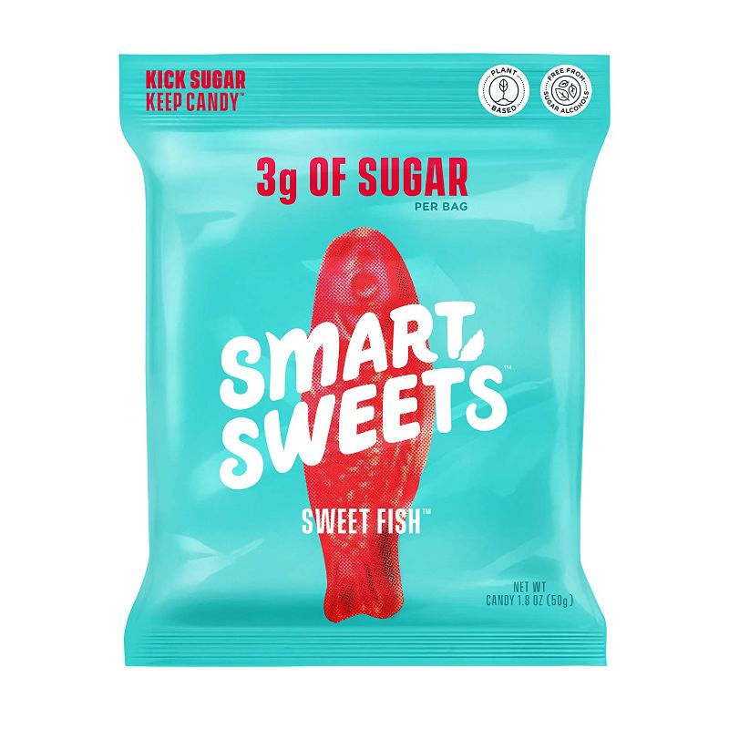 Photo 1 of **EXPIRED 01/18/2022** SmartSweets Sweet Fish, Candy with Low Sugar (3g), Low Calorie (100), No Artificial Sweeteners, Vegan, Plant-Based, Gluten-Free, Non-GMO, Healthy Snack for Kids & Adults, 1.8oz (Pack of 12)
