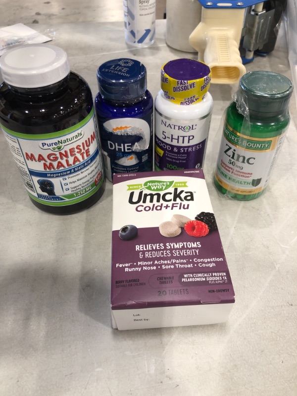 Photo 1 of **EXPIRE DATES : MAGNESIUM: 02/2022 - ZINC: 01/25 - DHEA: 11/2022 - 5-HTP: 06/2022 - UMCKA: 09/2022** SOLD AS IS : HEALTH SUPPLEMENTS BUNDLE : NON-REFUNDABLE 