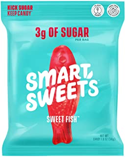 Photo 1 of 18Jan2022 BEST BUY DATE-
SmartSweets Sweet Fish, Candy with Low Sugar (3g), Low Calorie (100), No Artificial Sweeteners, Vegan, Plant-Based, Gluten-Free, Non-GMO, Healthy Snack for Kids & Adults, 1.8oz (Pack of 12)
