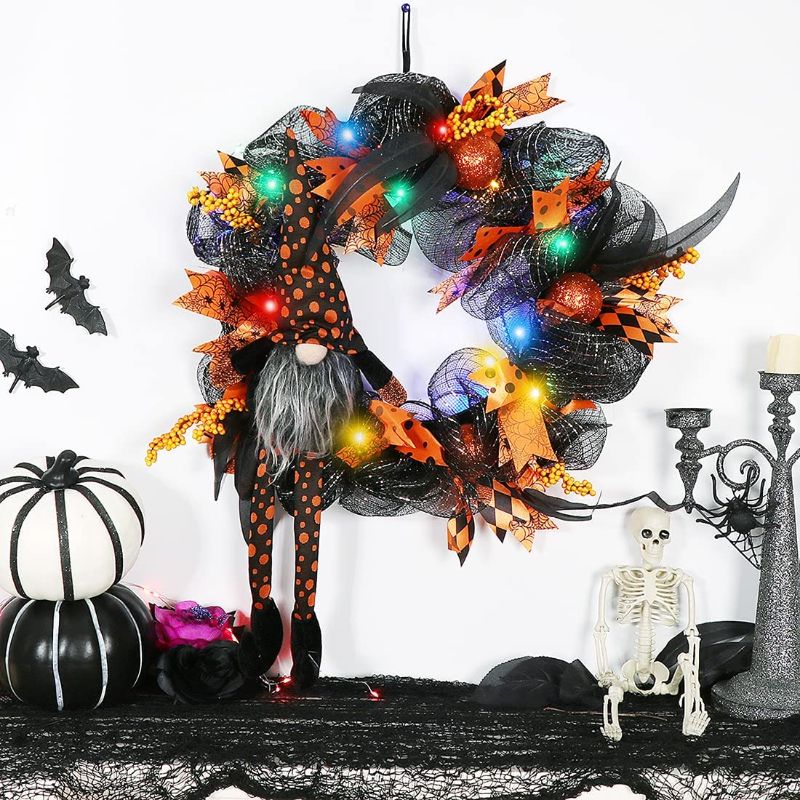 Photo 1 of 15 Inches Halloween Wreath Light up Mesh Wreath Witch Gnome PURPLE