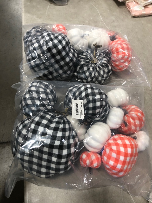 Photo 2 of 2 BAGS OF FUNARTY 12pcs Pumpkin Decor Buffalo Plaid Artificial Pumpkins Decorations with Assorted Color and Size for Fall Halloween Outdoor Thanksgiving Decorating
